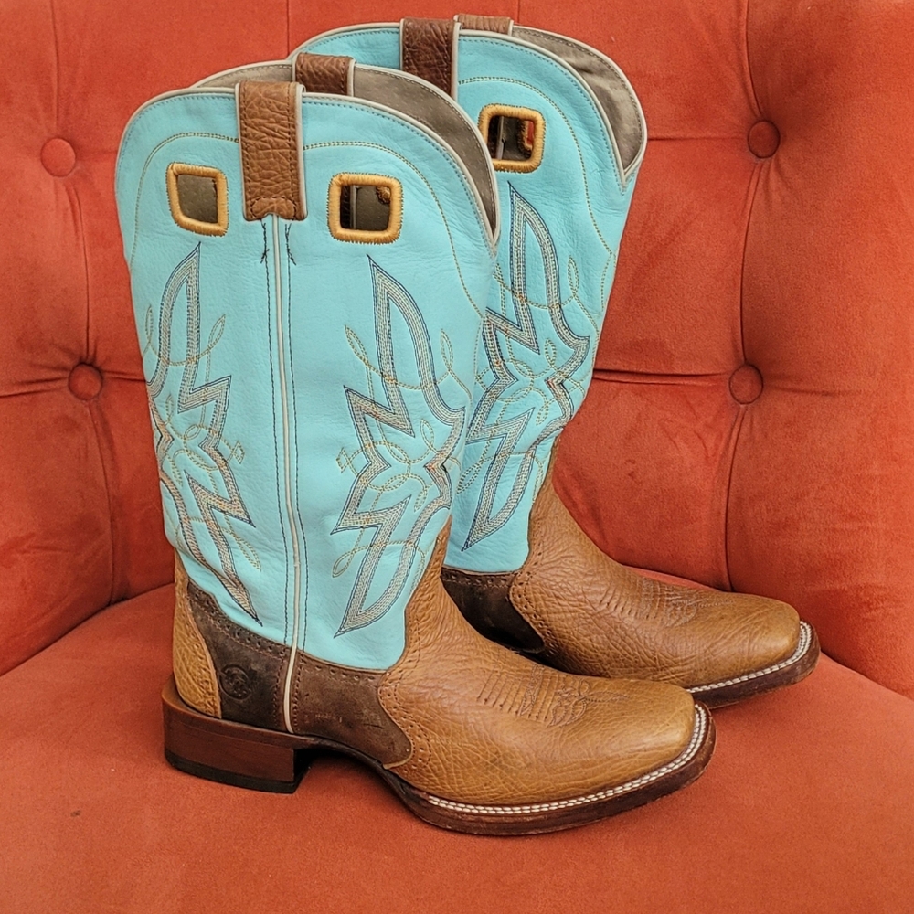 Double H Women Rare Turquoise and Brown Western Boots Size 7m